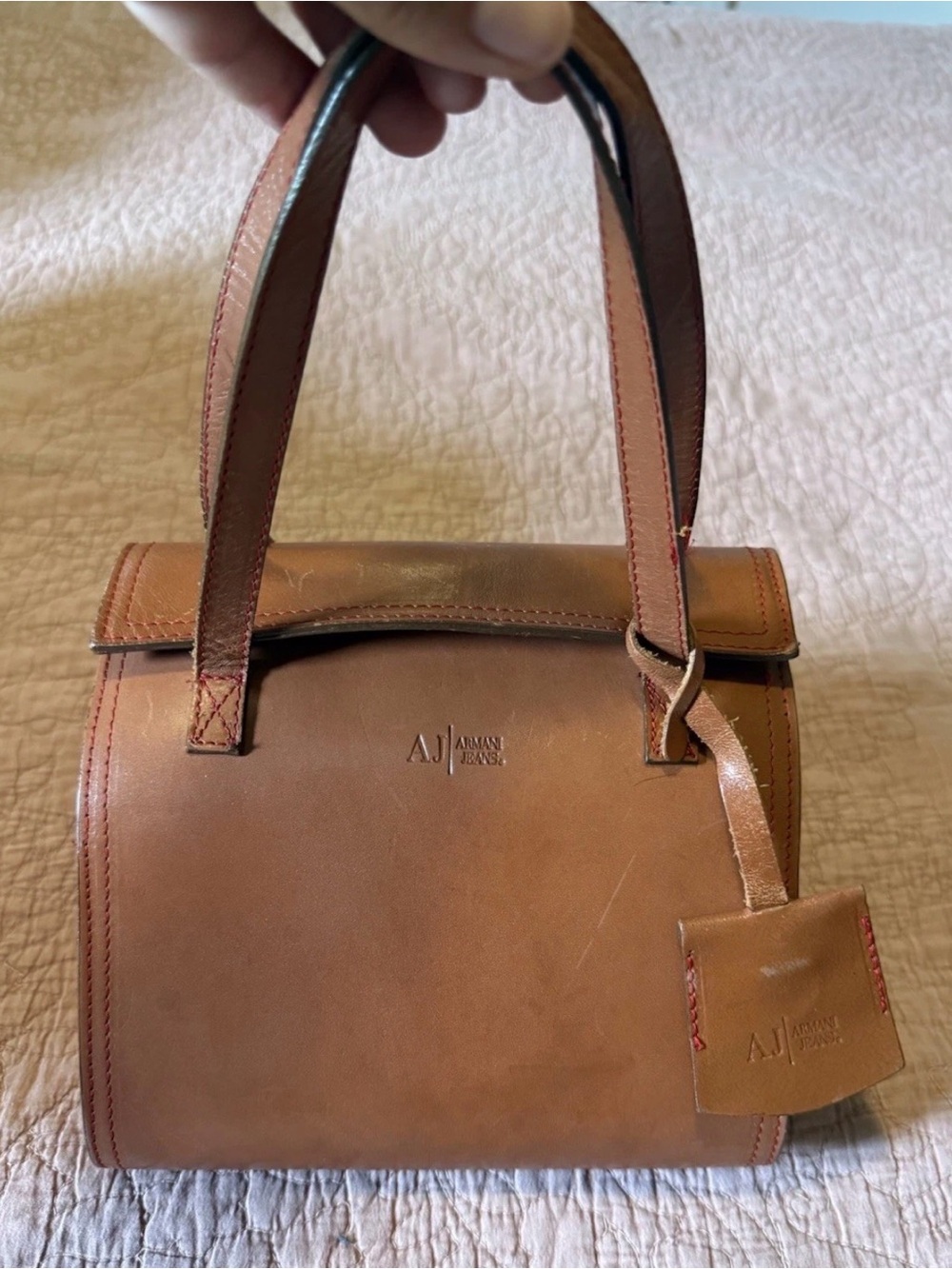 Armani Jeans Tan Leather Handbag Dual Handles Luggage Tag